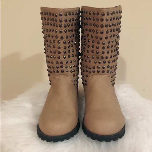 Studded Tan Mid-Calf Boots - Picture 6 of 12